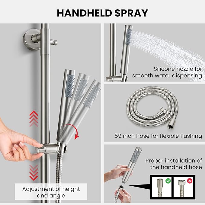 gotonovo Outdoor Shower Fixtures SUS304 Stainless Steel Rain Shower Kit Faucet High Pressure Wall Mount 2 Dual Function 8 Inch Showerhead and Handheld Spray Combo, Single Handle, Brushed Nickel