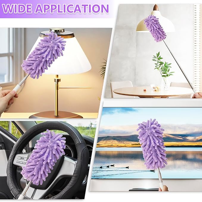 2Pcs Mini Duster for Cleaning, Microfiber Duster with Extendable Pole, Washable Small Duster, Cleaning Tools for Office, Car Interior, Window, Furniture, Computer (Purple)