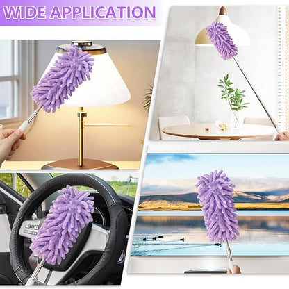 2Pcs Mini Duster for Cleaning, Microfiber Duster with Extendable Pole, Washable Small Duster, Cleaning Tools for Office, Car Interior, Window, Furniture, Computer (Purple)