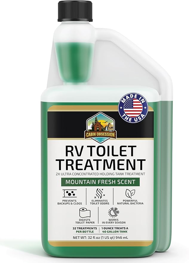 Cabin Obsession RV Toilet Treatment (32 oz) - 2x Ultra Concentrated Liquid RV Black Tank Treatment with Easy Measure Spout, Mountain Fresh Scent, 32 Treatments