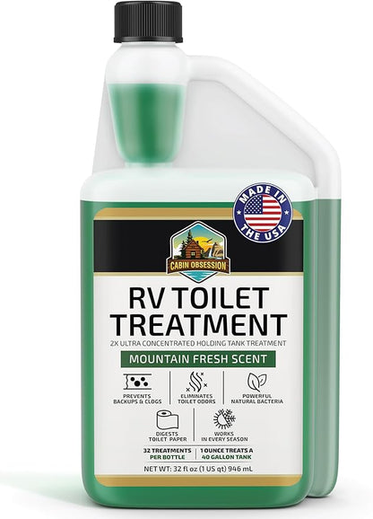 Cabin Obsession RV Toilet Treatment (32 oz) - 2x Ultra Concentrated Liquid RV Black Tank Treatment with Easy Measure Spout, Mountain Fresh Scent, 32 Treatments