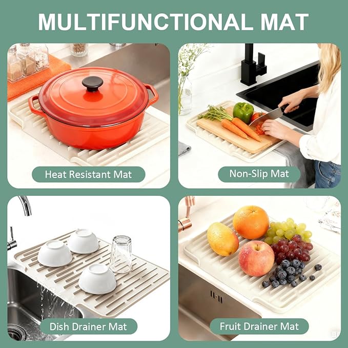 Silicone Kitchen Countertop Dish Drying Mat with Water Collection Tray Non-Slip Pad(Beige)