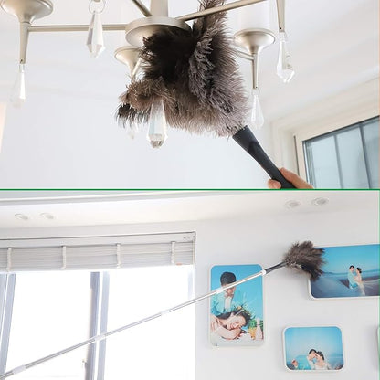 Gray Ostrich Feather Duster with 71 Inch Extendable Pole, Microfiber Duster for Home Cleaning