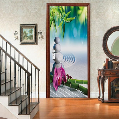 A.Monamour 3D Door Stickers for Interior Doors Sand Orchid Bamboo Massage Stones in Zen Garden Vinyl Waterproof Self Adhesive Door Mural Decals for Bedroom Office Bathroom 95x215cm