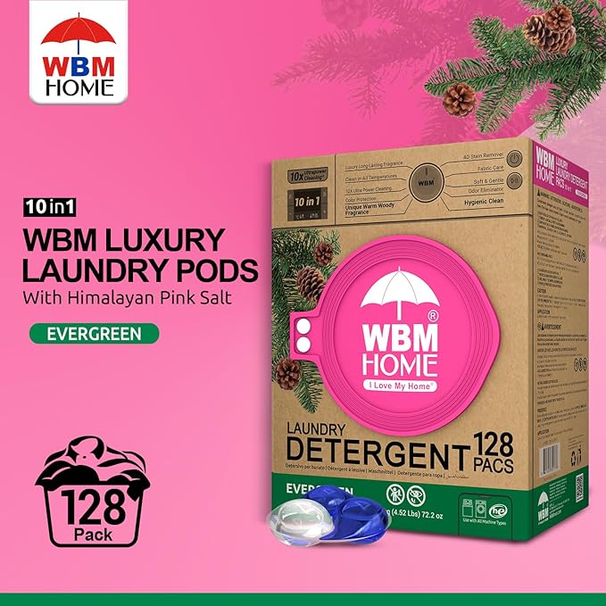 WBM Laundry Detergent Pods - Ultra-Concentrated, Hypoallergenic, Stain-Fighting, Evergreen Scent, 128-Pack, Recyclable Packaging for Eco-Friendly Cleaning