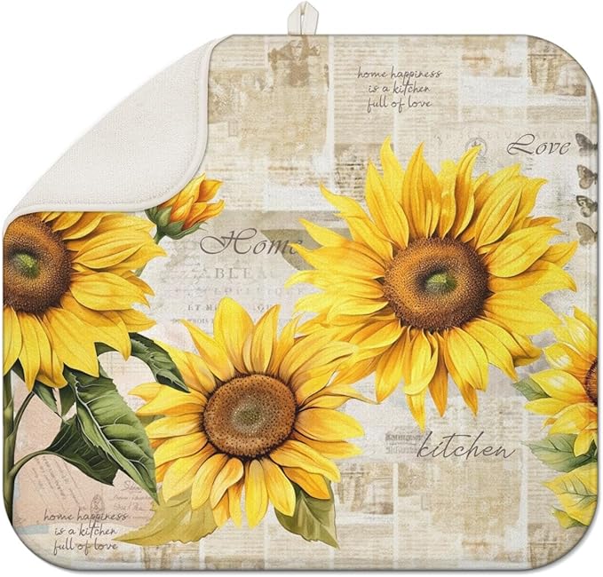 Dish Drying Mat Drainer Pads - Extra Large Microfiber Drying Mats for Dishes Kitchen Counter Super Absorbent Pads for Draining Racks (Sunflower,16"x18" )