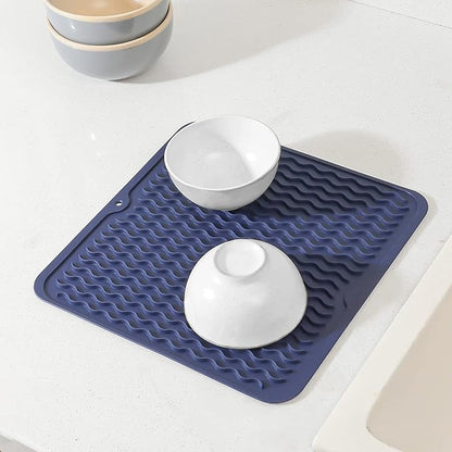 MicoYang Silicone Dish Drying Mat for Multiple Usage,Easy clean,Eco-friendly,Heat-resistant Silicone Mat for Kitchen Counter or Sink,Refrigerator or Drawer liner Navy Blue M 12 inches x 12 inches