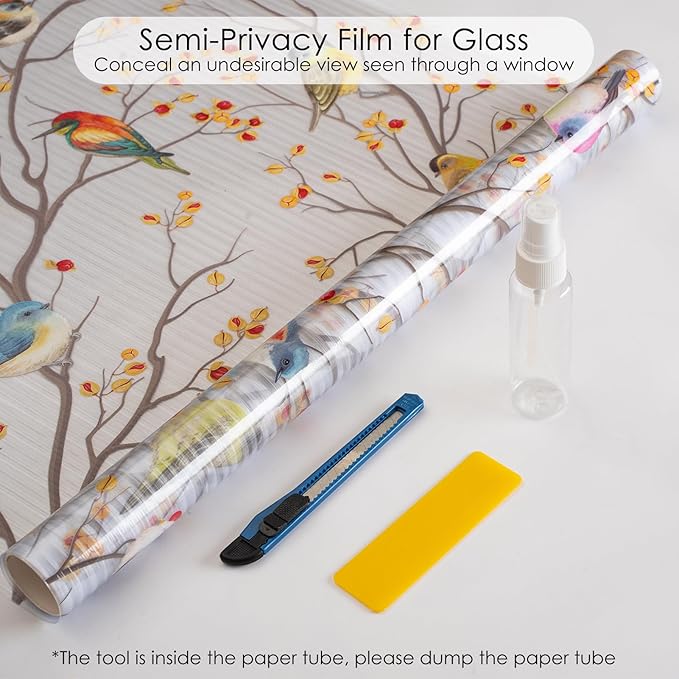 DKTIE Reeded Glass Window Film Seamless Pattern with Colored Birds Bathroom Window Privacy Film Waterproof Easy to Install Renter Friendly (S3533R, 17.7in X 78.7in)