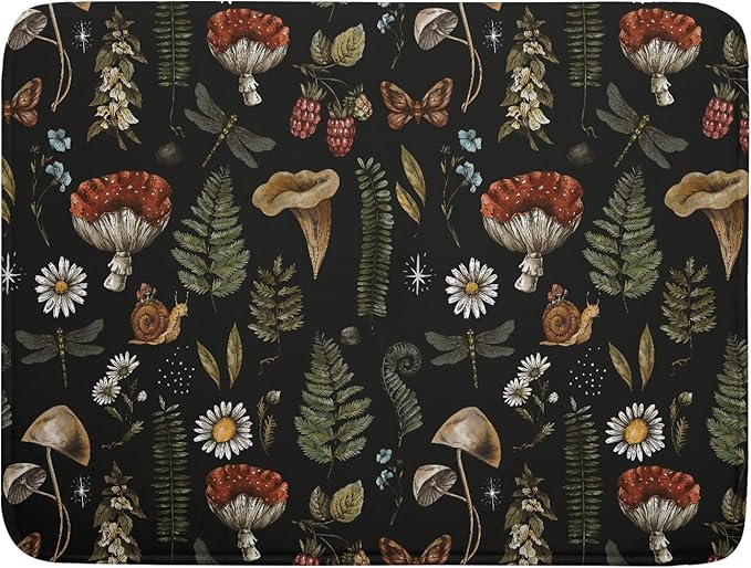 Mushroom Fern Leaves Berry Dish Drying Pad 18 x 24 Inch with Absorbent Reversible Microfiber Vintage Botanical Nature Forest Black Drying Mats For Kitchen Counter Dining Room Decoration