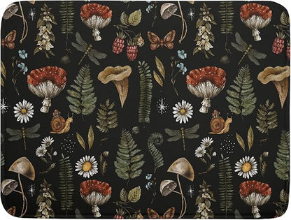 Mushroom Fern Leaves Berry Dish Drying Pad 18 x 24 Inch with Absorbent Reversible Microfiber Vintage Botanical Nature Forest Black Drying Mats For Kitchen Counter Dining Room Decoration
