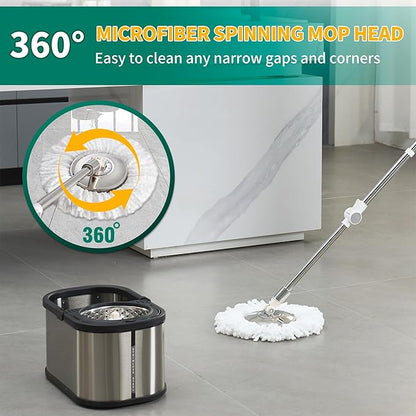 Stainless Steel Spin Mop and Bucket with Wringer Set, 360° Spinning Mop Bucket Floor Cleaning System with 4 Microfiber Mop Replacement Heads