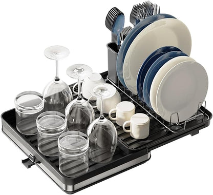 Sineng Expandable Dish Drying Rack,Stainless Steel Foldable Dish Rack with Cutlery Holder,Multifunctional Compact countertop Dish Drainer,Space Saving extendable Big Capacity Dish Holder