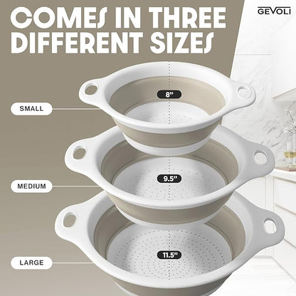 Gevoli Collapsible Colanders (3 Pack Set) Food Strainers with Over-Sink Water Draining Base for Pasta Fruits and Vegetables, White/Beige (3 Sizes, 3QT, 4QT and 5 Quart)