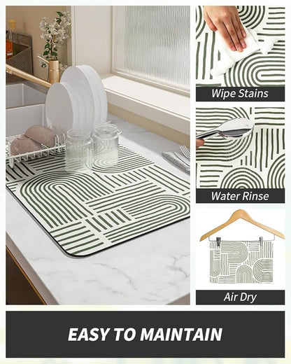 AMOAMI Coffee Mat Hide Stain Rubber Backed Absorbent Dish Drying Mat for Kitchen Counter - Fits Under Coffee Maker or Machine - Green Line 17x31.5