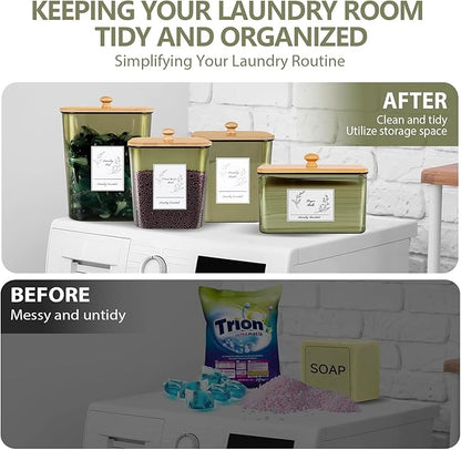 Zingbee 4 Pack Laundry Pods Container & Dryer Sheet Holder, Plastic Pod Holder with Lids & Scoops, Laundry Room Organization and Storage Sets for Powder, Detergent, Scent Booster