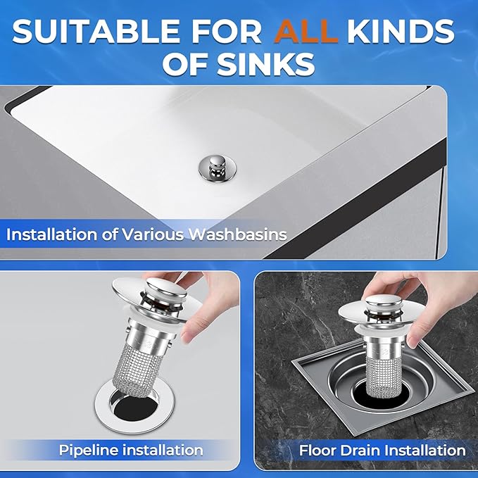Sink Stopper Hair Catcher,(4PCS) Pop-up Sink Drain Strainer with Removable Stainless Steel Strainer Basket Hair Catcher, Bathroom Sink Strainer for Bathroom Sink Stopper Replacement