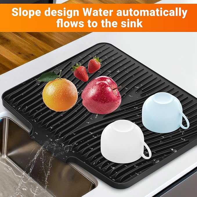 Silicone Dish Drying Mat for Kitchen Counter, Non-Slip Drain Pad, Dish Drying Pad, Easy to Clean Dish Rack Pad, Multi-Use as Heat Resistant Trivet, 15.8" x 13" , Black