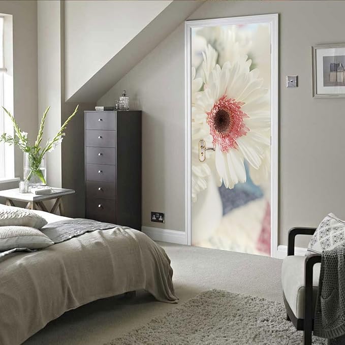 A.Monamour 3D Door Stickers for Interior Doors White Gerbera Daisy Flower with Pink Center Vinyl Waterproof Self Adhesive Door Mural Decals for Bedroom Office Bathroom 90x200cm