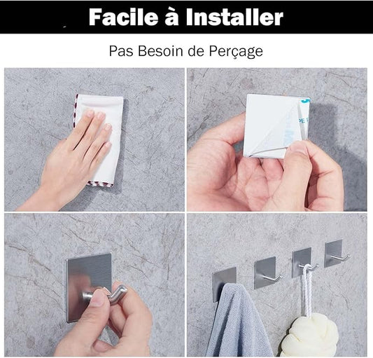 FOMANSH Heavy Duty Adhesive Hooks, Stick on Wall Adhesive Hangers, Strong Stainless Steel Holder, Self Adhesive Hooks for Kitchen Bathroom Home Door Towel Coat Key Robe 4 Packs Silver