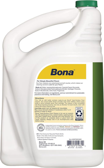 Bona Multi-Surface Floor Cleaner Refill - 128 fl oz - Lemon Mint - Residue-Free Floor Cleaning Solution refill for Spray Mop and Spray Bottles - For Use on Stone, Tile, Laminate, and Vinyl Floors