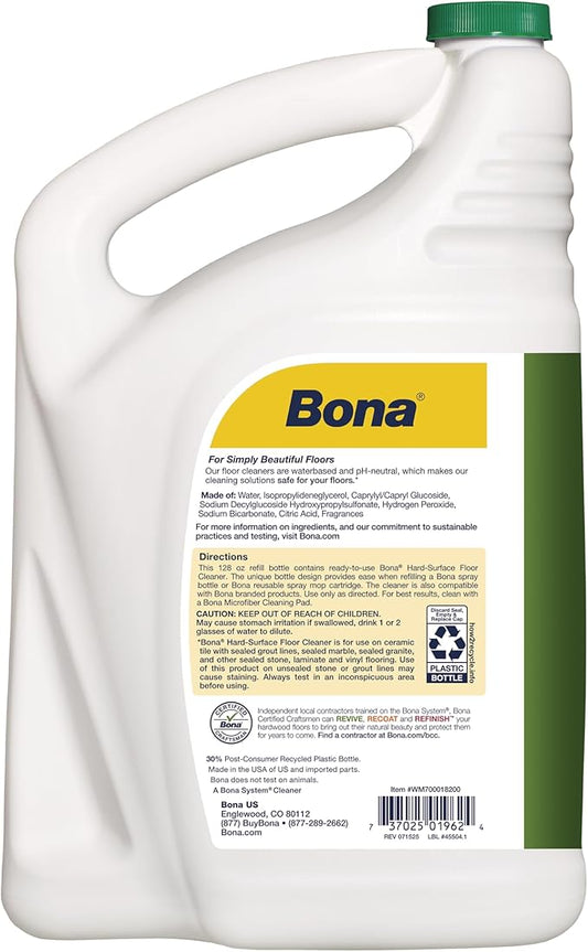 Bona Multi-Surface Floor Cleaner Refill - 128 fl oz - Lemon Mint - Residue-Free Floor Cleaning Solution refill for Spray Mop and Spray Bottles - For Use on Stone, Tile, Laminate, and Vinyl Floors