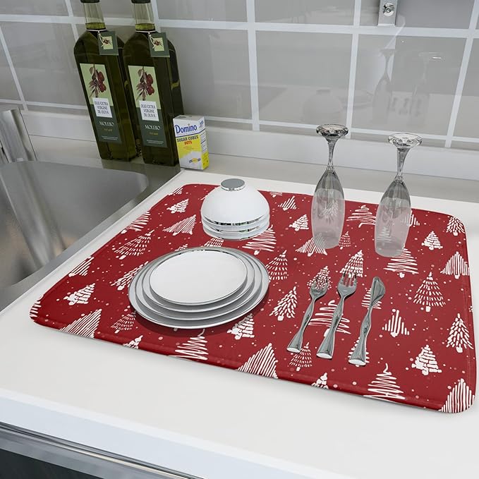 Christmas Dish Drying Mat 18 x 24 Inch With Absorbent Reversible Microfiber Red Xmas Tree Snowflake Drying Mats Winter Holiday Dish Drainer Mat Fast Dry For Kitchen Dining Room Decoration
