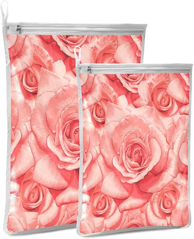 Mesh Laundry Bags Lingerie Bags for Washing Delicates 2 PCS Wash Bag with Zipper Small and Medium Washable Red Roses