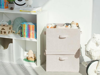 StorageWorks Fabric Storage Bins with Lid, Decorative Storage Boxes for Shelves, Stackable Closet Organizer Basket with Handles, Jumbo, Khaki and Beige Stripes, 2-Pack