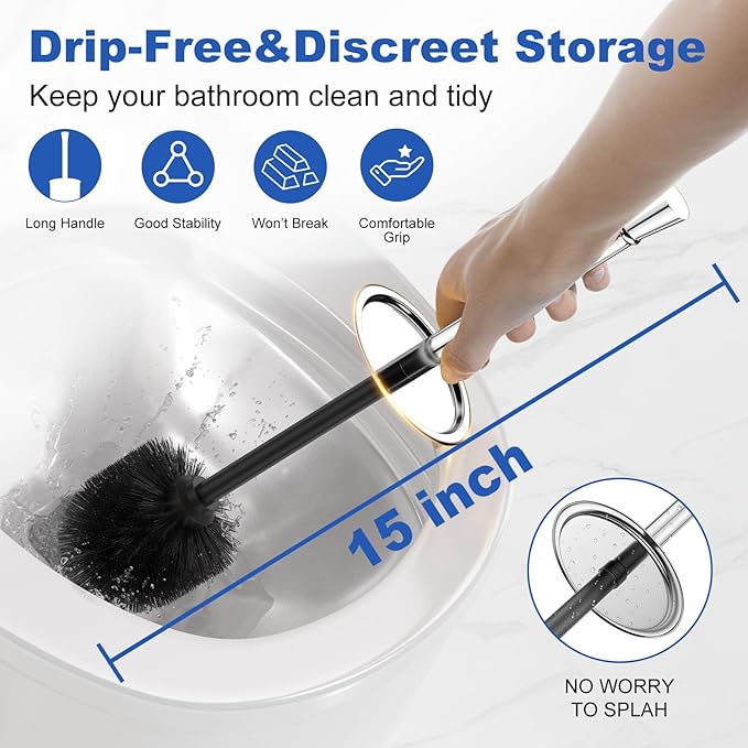 Toilet Brush and Holder Set：304 Stainless Steel Heavy Duty Toilet Bowl Brush，Removable Inner Bowl and Splash Protection，Bathroom Toilet Brush-Dense Bristles for Through Cleaning