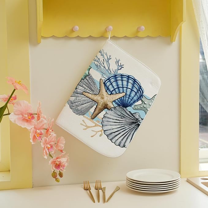Nautical Coastal Starfish Dish Drying Mats 18x24 Inch Beach Coral Shell Blue Drying Mats Seasonal Summer Ocean Absorbent Dish Drying Pad Dish Rack Drainer Mats for Kitchen Dining Counter Decor