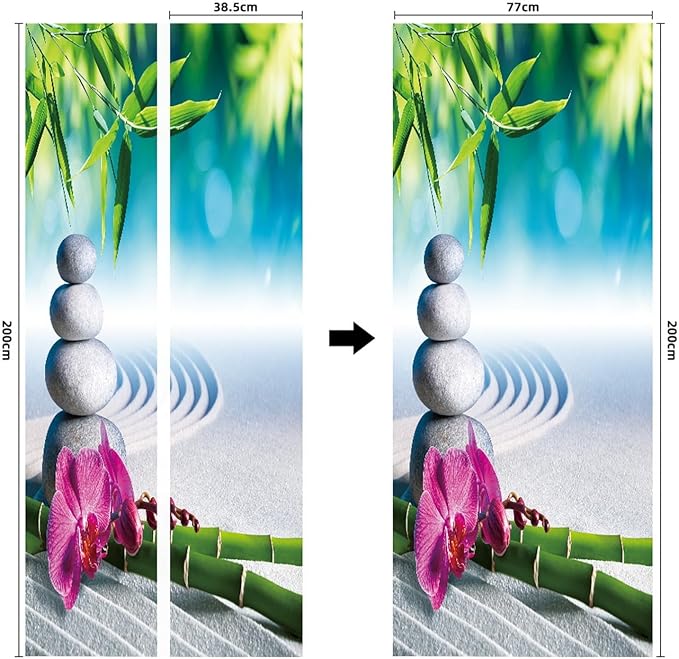 A.Monamour 3D Door Stickers for Interior Doors Sand Orchid Bamboo Massage Stones in Zen Garden Vinyl Waterproof Self Adhesive Door Mural Decals for Bedroom Office Bathroom 77x200cm
