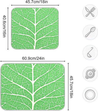 Green Leaf Veins Dish Drying Mat for Kitchen Counter Absorbent Microfiber Drying Pad, Medium 16x18 in