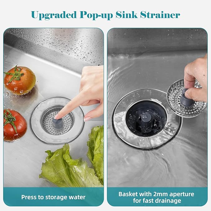 Universal Stainless Steel Kitchen Sink Drain Strainer Stopper, 3-in-1 Sink Stopper Strainer for Standard 3-1/2 Inch Kitchen Sink, Chrome-plated Shell with 304 Stainless Steel Mesh Strainer Basket