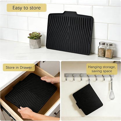Silicone Drying Mat, 16"X13" With Built-in Drain Lip,Heat-Resistant,Eco-friendly,Hygienic Drying Pad,Leak-Proof and Non-Slip,Silicone Dish Drying Mat for Kitchen Counter or Sink（Black 16X13）
