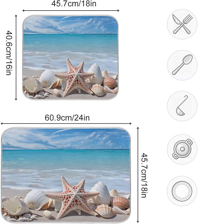 Starfishes Beach Seashells Dish Drying Mat for Kitchen Counter Absorbent Microfiber Drying Pad, Large 18x24 in