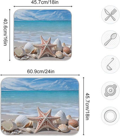Starfishes Beach Seashells Dish Drying Mat for Kitchen Counter Absorbent Microfiber Drying Pad, Large 18x24 in