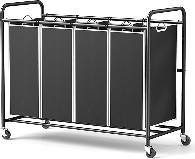 ROMOON Laundry Hamper Sorter Cart: 4-Section Organizer with Heavy-Duty Lockable Wheels and Removable Bags | 180L Rolling Laundry Basket for Dirty Clothes in Laundry Room or Small Spaces (Black)