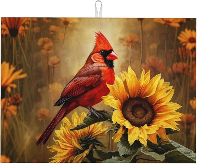 Red Bird Sunflower Dish Drying Mats for Kitchen Counter, Absorbent Reversible Microfiber Dish Drying Pad, Multi-Use Large Drying Mat Coffee Bar Accessories 18"x24"