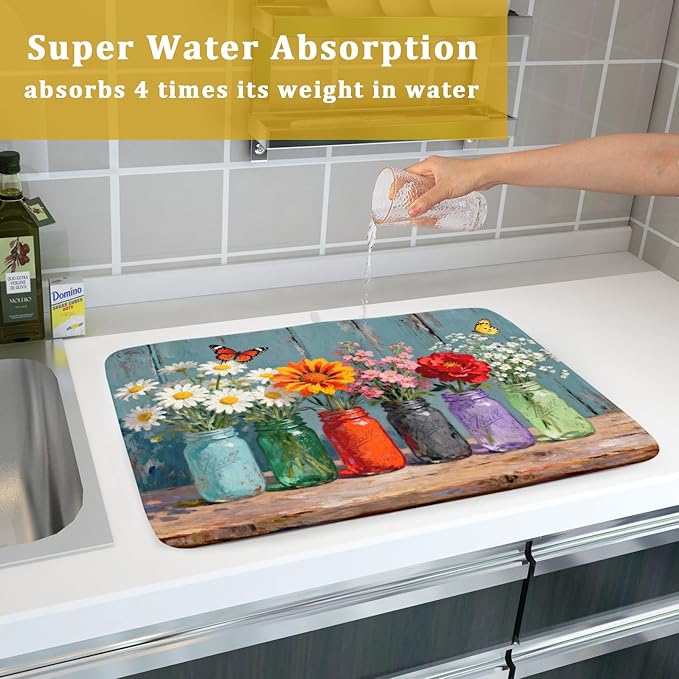 Spring Summer Floral Dish Drying Mat for Kitchen Counter 18x24 Flower Bottle Butterfly Woodgrain Seasonal Absorbent Reversible Microfiber Drying Mats Kitchen Countertop Protector Dishes Drainer Pad
