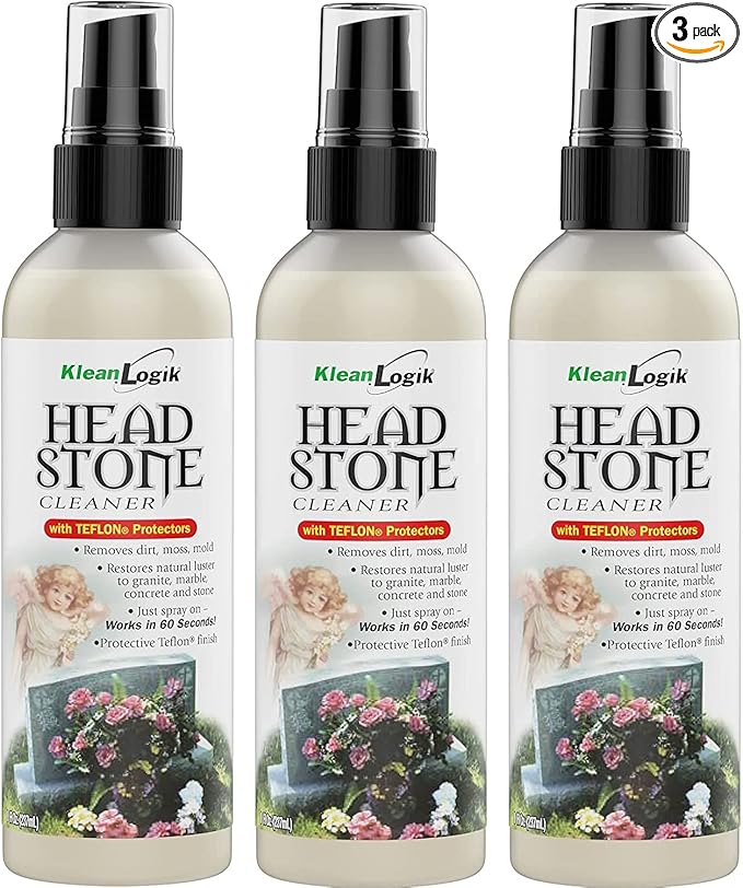 KleanLogik Headstone Cleaner For Graves & Memorials, Tombstone Cleaner Solution Removes Dirt & Plant Growth To Restore Natural Luster To Granite, Marble, Slate, Concrete, Limestone & Stone, 3-Pack