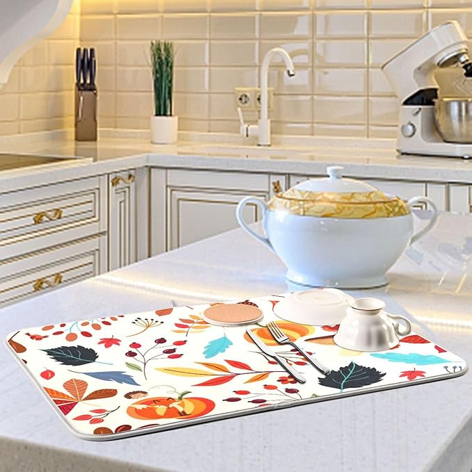 Absorbent Dish Drying Mat Autumn Pumpkins Fall Leaves Kitchen Counter Mat Protector,Reversible,Extra Large 24 x 18 Inches
