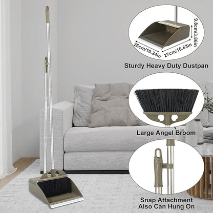 Upgrade Broom with Dustpan Combo Set,48'' Long Handle Stiff Broom Bristles with Heavy Duty Dust Pan,Indoor Outdoor Easy Sweeping for Kitchen Lobby Garage Home