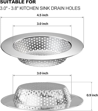 Huntonry 2PCS Kitchen Sink Drain Strainer/Catcher/Basket/Cover/Filter/Trap/Screen, Large Wide Rim 4.5" Diameter, Stainless Steel, Dishwasher Safe