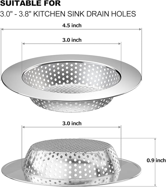 Huntonry 2PCS Kitchen Sink Drain Strainer/Catcher/Basket/Cover/Filter/Trap/Screen, Large Wide Rim 4.5" Diameter, Stainless Steel, Dishwasher Safe