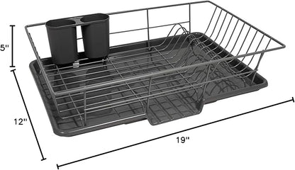 Sweet Home Collection 3 Piece Metal Dish Drainer Rack Set with Drying Board and Utensil Holder, 12" x 19" x 5", Gray