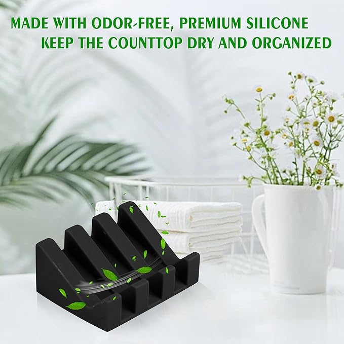 Soap Dish Holder for Shower with Suction Cup, Silicone Soap Holder & Saver Self-Draining Bar Soap Dish Keeps Soap Dry for Bathroom, Kitchen, Bathtub, Extends Soap Life (Black-4Pack)
