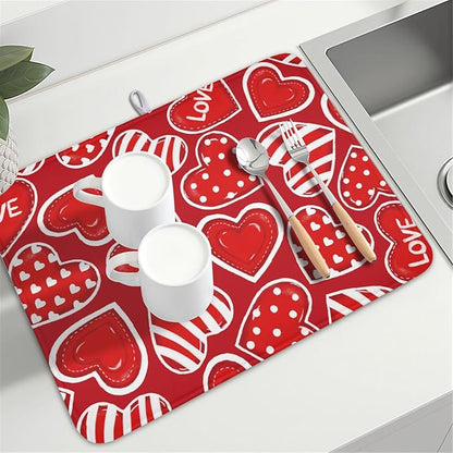 Valentines Day Dish Drying Mat for Kitchen Counter Red Polka Dot Stripe Love Heart Pattern Drying Mat 18x24 Inch Valentines Holiday Absorbent Dish Drainer Mat Kitchen Accessories
