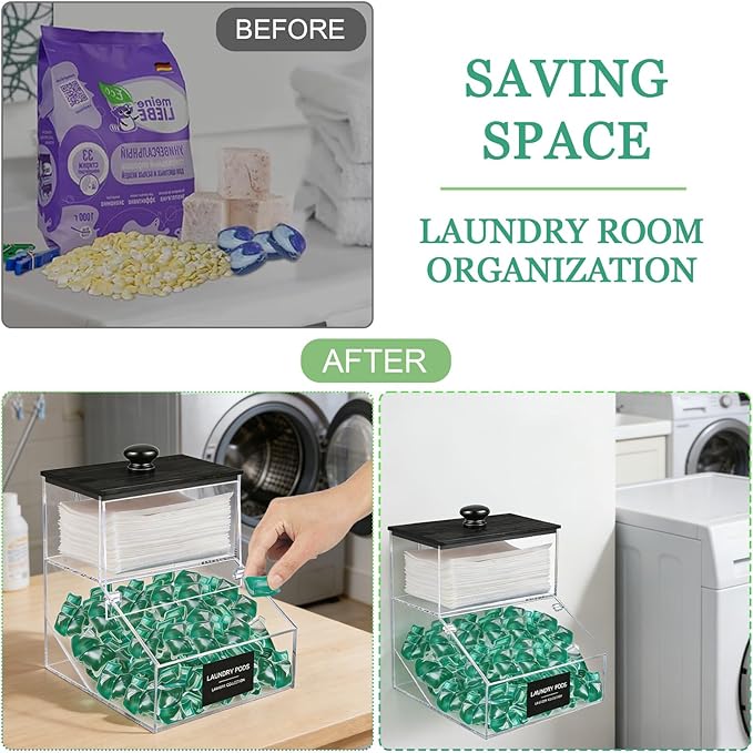 2 in 1 Dryer Sheet Holder & Laundry Pods Container, Laundry Detergent Organizer Container with Lid, Acrylic Laundry Room Organization Storage Containers with Labels, Dishwasher Pod Holder