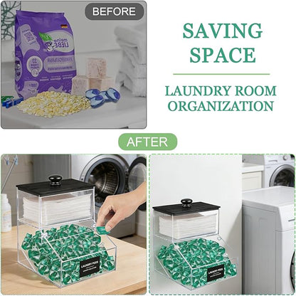 2 in 1 Dryer Sheet Holder & Laundry Pods Container, Laundry Detergent Organizer Container with Lid, Acrylic Laundry Room Organization Storage Containers with Labels, Dishwasher Pod Holder