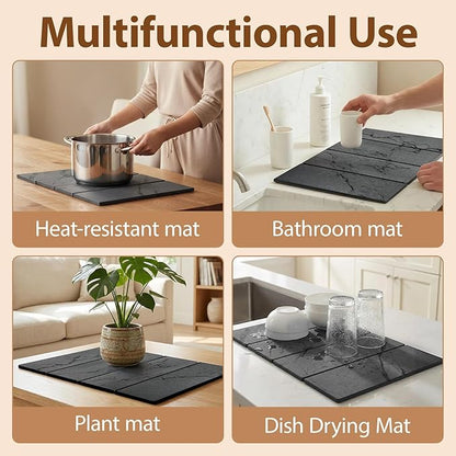 Large Stone Dish Drying Mat for Kitchen Counter,24"(L)×16"(W),Quick Dry Super Absorbent Drying Matt Kitchen Counter,Collapsible Diatomaceous Earth Dish Mats,for Dishes Bottles Cups,Any Countertop